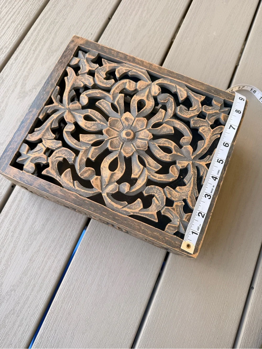 Carved Wood Floral Openwork Keepsake Jewelry Box Made in India